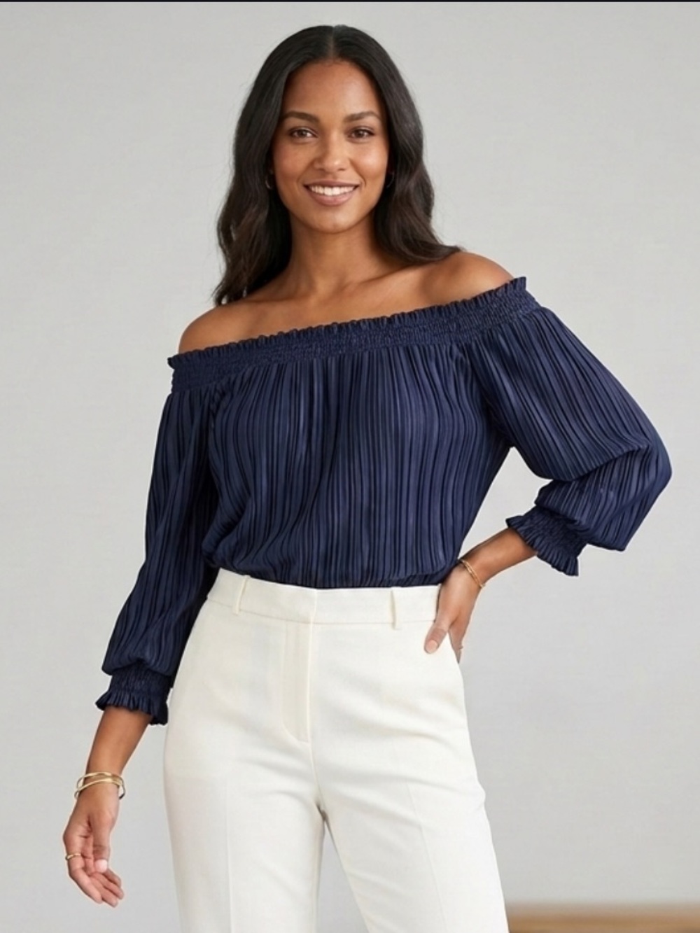 Banana Republic Navy Off-Shoulder Pleated Crinkle Blouse